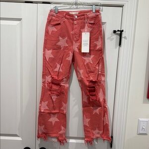 Vibrant Star Print Flare Jeans. Coral, pink color